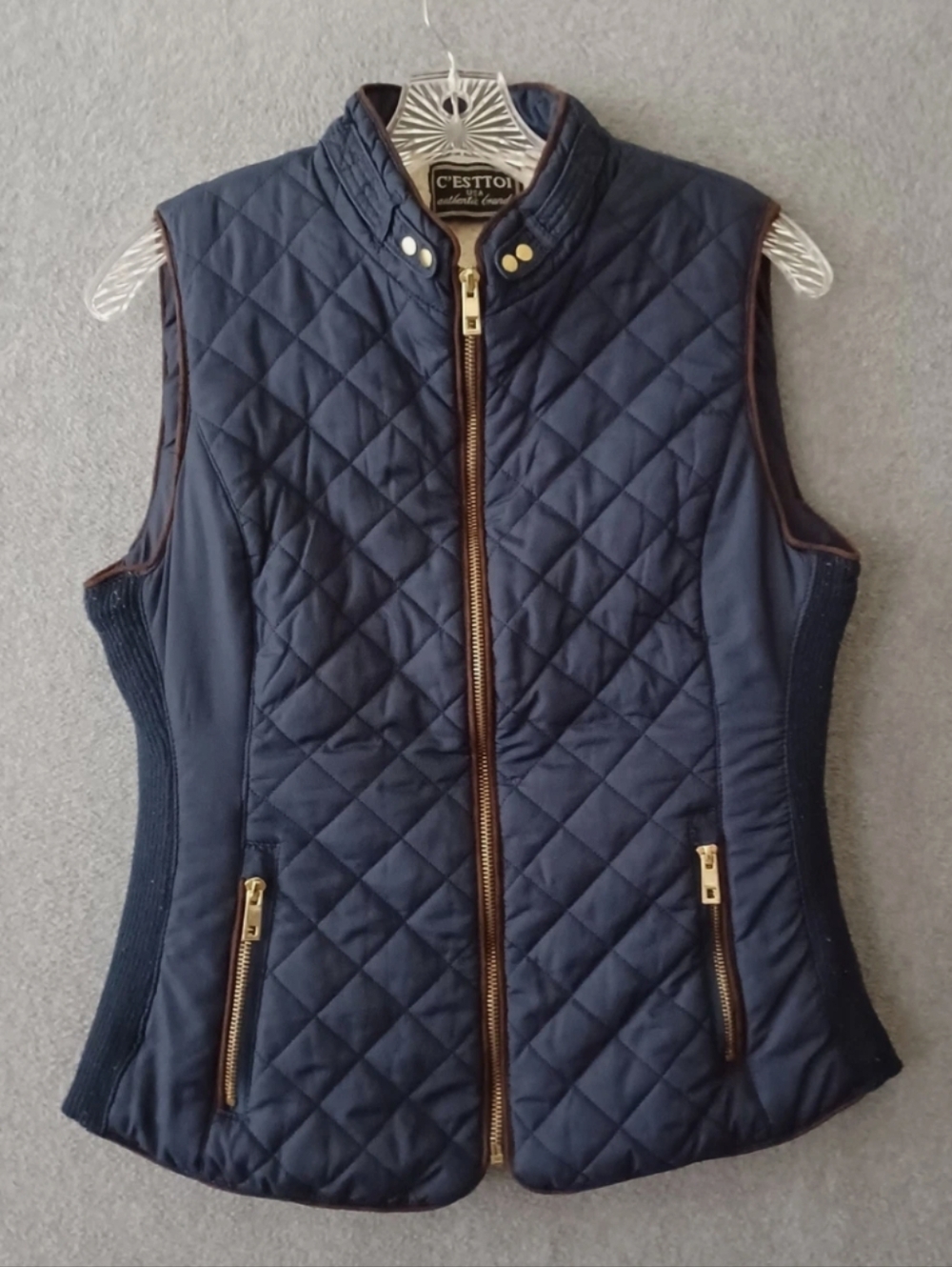 C' Esttoi Navy Quilted Zip-Up Vest with Gold Hardware Medium